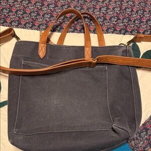 Thirty-One Charcoal Canvas Tote with Tan Straps
